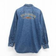 XL★古着 ハーレーダビッドソン Harley Davidson 長袖 シャツ メンズ ビッグロゴ 刺繍 コットン 紺 ネイビー デニム 【spe】 25aug08 中古 トップス