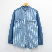 L★古着 長袖 シャツ メンズ 00年代 00s コットン ノーカラー 紺 ネイビー デニム他 ストライプ 【spe】 25sep25 中古 トップス