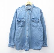 XL★古着 長袖 シャツ メンズ 大きいサイズ ロング丈 コットン ボタンダウン 紺 ネイビー デニム 【spe】 25oct24 中古 トップス