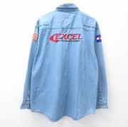 XL★古着 長袖 シャツ メンズ EXCEL 刺繍 大きいサイズ ロング丈 コットン ボタンダウン 紺 デニム【spe】 25nov19