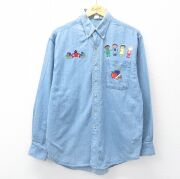 L★古着 長袖 シャツ メンズ 子ども ワッペン コットン ボタンダウン 薄紺 デニム【spe】 25dec05
