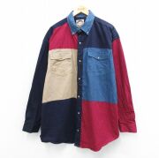 XL★古着 長袖 シャツ メンズ 00年代 00s マルチカラー クレイジーパターン 大きいサイズ ロング丈 コットン ボタンダウン 紺他【spe】 25dec15
