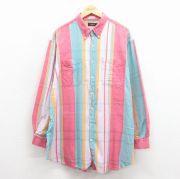 XL★古着 長袖 シャツ メンズ 90年代 90s 大きいサイズ ロング丈 ボタンダウン 赤他 ストライプ【spe】 26jan17