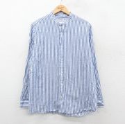 L★古着 長袖 シャツ メンズ リネン ノーカラー イタリア製 青他 ストライプ【spe】 26jan30