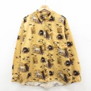 XL★古着 長袖 シャツ メンズ 犬 鳥 大きいサイズ ロング丈 コットン 黄系他【spe】 26feb09