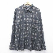 XL★古着 長袖 シャツ メンズ 90年代 90s 総柄 大きいサイズ ロング丈 コットン イタリア製 濃グレー他【spe】 26feb12
