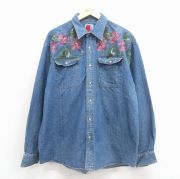 XL★古着 長袖 シャツ メンズ 00年代 00s 花 ハンドペイント コットン 紺 デニム【spe】 26feb14