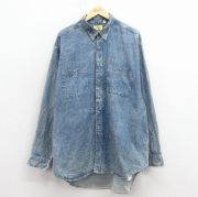 XL★古着 ダックヘッド 長袖 シャツ メンズ 90年代 90s ワンポイントロゴ 大きいサイズ ロング丈 コットン ボタンダウン USA製 紺 デニム【spe】 26feb16