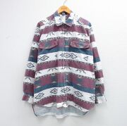 XL★古着 長袖 シャツ メンズ ネイティブ柄 ラグ柄 大きいサイズ コットン 白他 ストライプ【spe】 26mar04