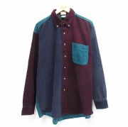 XL★古着 長袖 シャツ メンズ 90年代 90s コーデュロイ マルチカラー クレイジーパターン 大きいサイズ ロング丈 コットン ボタンダウン 紺他【spe】 26mar12