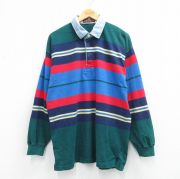L★古着 長袖 ラガー シャツ メンズ 90年代 90s 襟デニム 緑他 ボーダー【spe】 26mar12