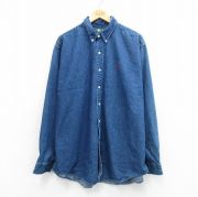 XL★古着 長袖 シャツ メンズ 90年代 90s 大きいサイズ ロング丈 コットン ボタンダウン 紺 デニム【spe】 26mar13