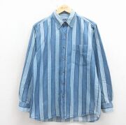 M★古着 長袖 シャツ メンズ 00年代 00s コットン ボタンダウン 紺 ストライプ デニム【spe】 26mar17