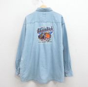 XL★古着 長袖 シャツ メンズ 00年代 00s ホットロッド 大きいサイズ ロング丈 コットン ボタンダウン 薄紺 デニム【spe】 26apr03