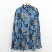 XL★古着 長袖 シャツ メンズ 大きいサイズ ロング丈 レーヨン イタリア製 ネイビー【spe】 26may18