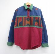 L★古着 長袖 ウエスタン シャツ メンズ 90年代 90s ネイティブ柄 ラグ柄 コットン USA製 バーガンディ【spe】 26jun25