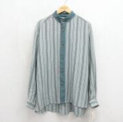 XL★古着 長袖 シャツ メンズ 90年代 90s 大きいサイズ デッドストック レーヨン ノーカラー USA製 緑 ストライプ【spe】 26jun26