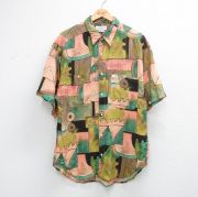 L★古着 ゲス GUESS 半袖 ブランド シャツ メンズ 90年代 90s 総柄 ロング丈 レーヨン USA製 ベージュ系【spe】 26apr09