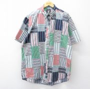 XL★古着 半袖 シャツ メンズ 90年代 90s パッチワーク風 大きいサイズ ロング丈 コットン ボタンダウン 白他【spe】 26apr13