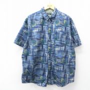 XL★古着 TRADER BAY 半袖 シャツ メンズ 00年代 00s 花 大きいサイズ ロング丈 コットン ボタンダウン 紺他【spe】 26apr22