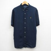 XL★古着 ラルフローレン 半袖 ブランド シャツ メンズ 90年代 90s ワンポイントロゴ 大きいサイズ ボタンダウン リネン 紺【spe】 26apr27