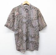 M★古着 半袖 シャツ メンズ 80年代 80s 総柄 リネン レーヨン ベージュ【spe】 26apr28