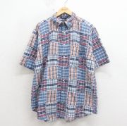 XL★古着 ノーティカ 半袖 ブランド シャツ メンズ 90年代 90s ワンポイントロゴ パッチワーク 大きいサイズ ロング丈 コットン ボタンダウン 薄紺 チェック【spe】 26may01