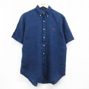 L★古着 ラルフローレン 半袖 ブランド シャツ メンズ 90年代 90s ワンポイントロゴ リネン ボタンダウン 紺【spe】 26may09
