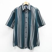 L★古着 ピューリタン 半袖 シャツ メンズ 00年代 00s グリーン ストライプ【spe】 26may20