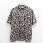 M★古着 セントジョンズベイ 半袖 シャツ メンズ 00年代 00s 総柄 レーヨン ネイビー【spe】 26may22