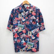 L★古着 リー Lee 半袖 シャツ メンズ 00年代 00s MLB ボストンレッドソックス 総柄 開襟 オープンカラー ネイビー メジャーリーグ ベースボール 野球【spe】 26may25