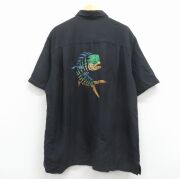XL★古着 半袖 シャツ メンズ 魚 刺繍 大きいサイズ ロング丈 ブラック【spe】 26may26