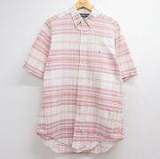 XL★古着 ラルフローレン 半袖 ブランド シャツ メンズ 90年代 90s ワンポイントロゴ ロング丈 コットン ボタンダウン ピンク チェック【spe】 26jun05