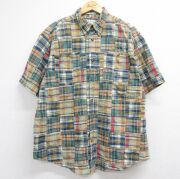 XL★古着 オービス 半袖 シャツ メンズ 00年代 00s パッチワーク 大きいサイズ ロング丈 コットン ボタンダウン ベージュ チェック【spe】 26jun19