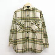 M★古着 長袖 ビンテージ ウール シャツ メンズ 70年代 70s マチ付き 緑他 チェック【spe】 26apr13