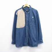XL★古着 ウールリッチ WOOLRICH 長袖 ハンティング シャツ メンズ 羽 肩当て 大きいサイズ ロング丈 コットン ボタンダウン 紺 ネイビー デニム他 【spe】 25oct02 中古 トップス