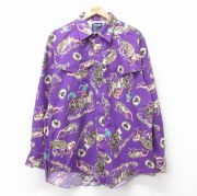 XL★古着 ラングラー Wrangler 長袖 ウエスタン シャツ メンズ 90年代 90s カウボーイ ロング丈 コットン USA製 紫 パープル 【spe】 25oct14 中古 トップス
