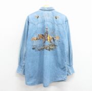 XL★古着 長袖 ウエスタン シャツ メンズ 00年代 00s カウボーイ 大きいサイズ ロング丈 薄紺 デニム【spe】 26jan24