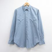 M★古着 ラルフローレン 長袖 ブランド ウエスタン シャツ メンズ 70年代 70s コットン ライトブルー チェック【spe】 26jun12