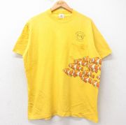 XL★古着 半袖 ビンテージ Tシャツ メンズ 90年代 90s 魚 サーフィン 胸ポケット付き 大きいサイズ コットン クルーネック USA製 黄 イエロー 【spe】 25aug29 中古