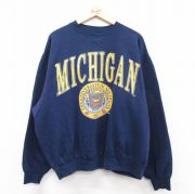 XL★古着 長袖 スウェット メンズ 90年代 90s ミシガン カレッジ 大きいサイズ クルーネック 紺 ネイビー 【spe】 25sep13 中古 スエット トレーナー トップス
