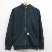 L★古着 カーハート Carhartt 長袖 フルジップ スウェット パーカー メンズ ワンポイントロゴ 緑系 グリーン 内側サーマル 【spe】 25sep19 中古 スエット トレーナー トップス