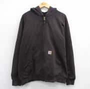 XL★古着 カーハート Carhartt 長袖 フルジップ スウェット パーカー メンズ ワンポイントロゴ 大きいサイズ 茶 ブラウン 内側サーマル 【spe】 25sep19 中古 スエット トレーナー トップス