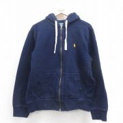 L★古着 ラルフローレン Ralph Lauren 長袖 ブランド フルジップ スウェット パーカー メンズ 90年代 90s ワンポイントロゴ 紺 ネイビー フード内側サーマル 【spe】 25sep25 中古 スエット トレーナー トップス