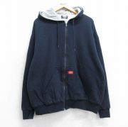 XL★古着 ディッキーズ Dickies 長袖 スウェット フルジップ パーカー メンズ ワンポイントロゴ 大きいサイズ 濃紺 ネイビー 内側サーマル 【spe】 25sep25 中古 スエット トレーナー トップス