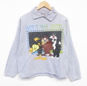 L★古着 長袖 トップス メンズ 90年代 90s ルーニーテューンズ LOONEY TUNES タズ コットン 襟付き グレー 【spe】 25nov05 中古 スエット トレーナー