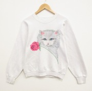 S★古着 フルーツオブザルーム 長袖 スウェット メンズ 80年代 80s ネコ ハンドペイント ラグラン クルーネック USA製 白【spe】 25dec13