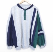 XL★古着 長袖 スウェット メンズ 00年代 00s 大きいサイズ マルチカラー ヘンリーネック 薄グレー他 霜降り【spe】 26feb27