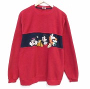 L★古着 長袖 フリース トップス メンズ 00年代 00s ディズニー ミッキー 刺繍 ポリエステル クルーネック 赤【spe】 26mar02