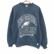 L★古着 ラッセル 長袖 スウェット メンズ 90年代 90s NFL フィラデルフィアイーグルス クルーネック USA製 濃緑 アメフト スーパーボウル【spe】 26mar10